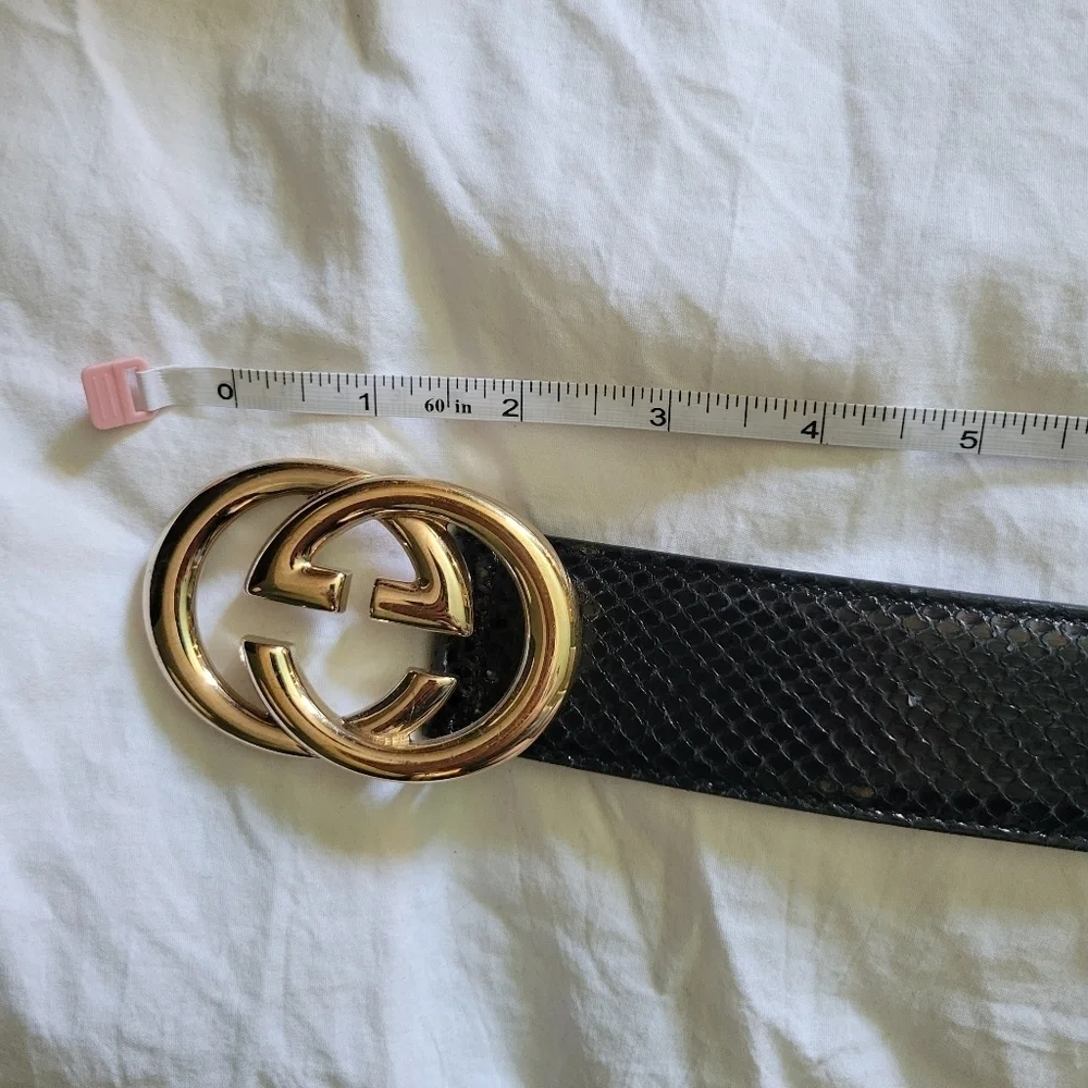 Vintage GUCCI Black Python Snake Leather Belt Gold Buckle GG Size 85